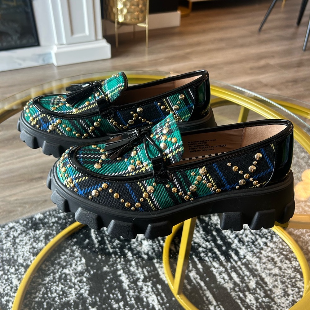 Betsey Johnson Green and Blue Plaid Tassel Loafers with Gold Studs